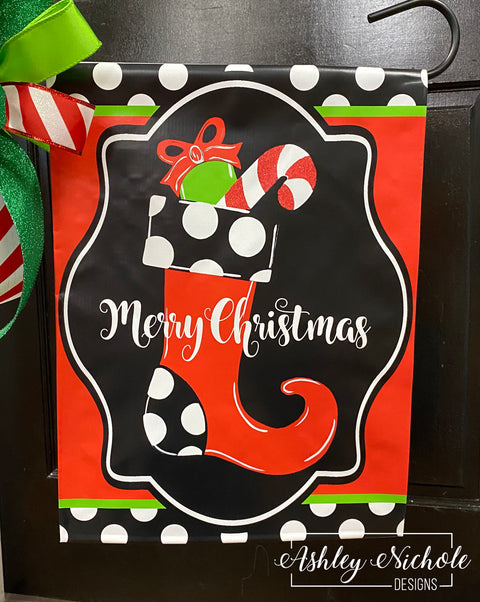 Christmas Stocking - Black and White Polka Dot - Vinyl Garden Flag