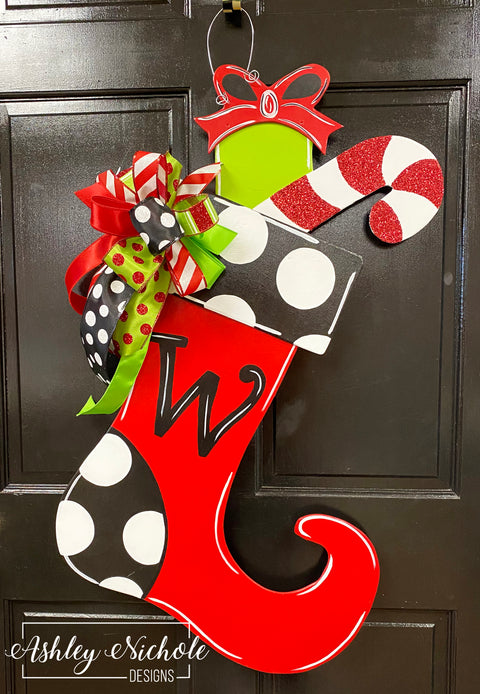 Christmas Stocking - Black and White Polka Dot - Door Hanger - (Hand Painted)