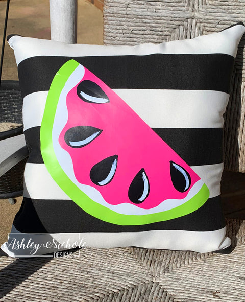 Custom Pillow - Watermelon - Pink on Black & White Stripe Outdoor Fabric