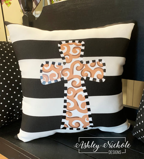 Custom Pillow - Cross Neutral on Black & White Stripe Outdoor Fabric