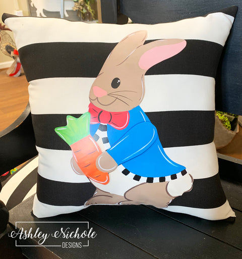 Custom Pillow - Peter Rabbit on Black & White Stripe Outdoor Fabric