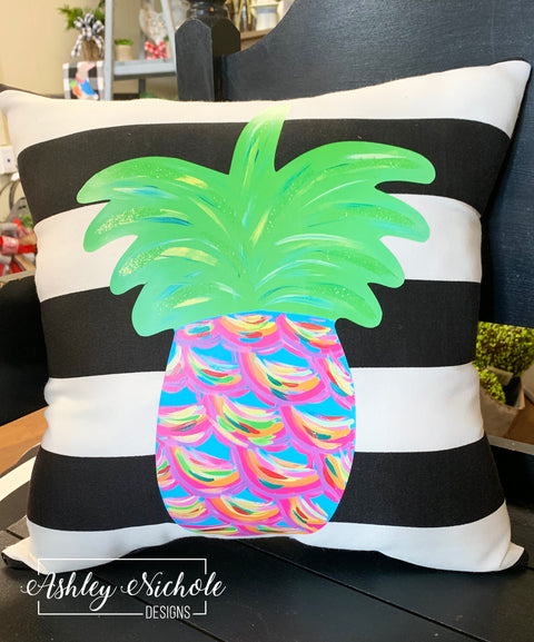Custom Pillow - Pineapple Tropical Colors Abstract on Black & White Stripe Outdoor Fabric