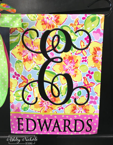 Lilly Inspired Floral Initial and Name - Vinyl Garden Flag