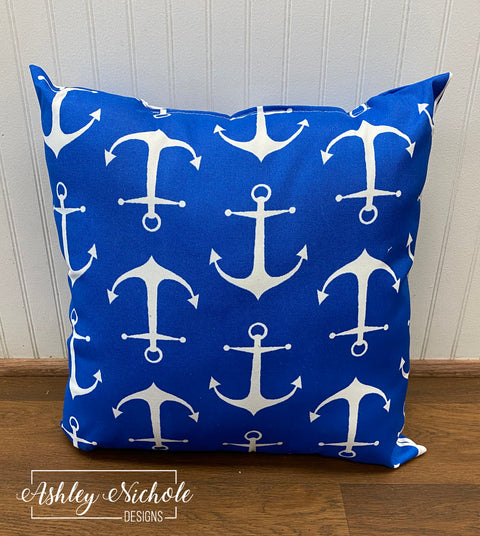 Outdoor Pillow - White Anchors on Cobalt Blue