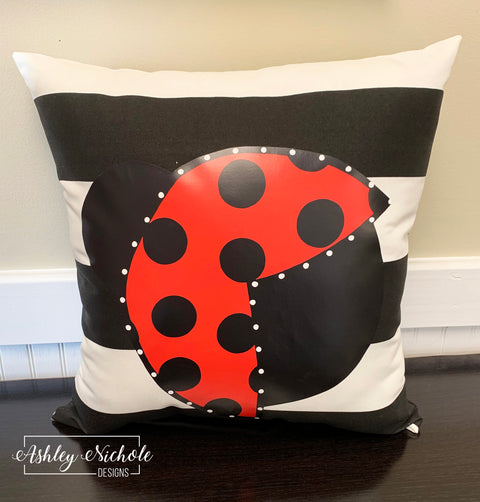 Custom Pillow - Ladybug on Black & White Stripe Outdoor Fabric