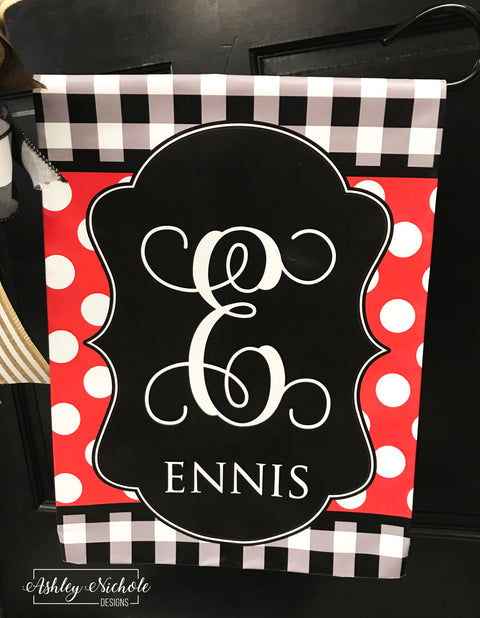 Buffalo Check and Polka Dot (BLACK & RED) Initial - Vinyl Garden Flag
