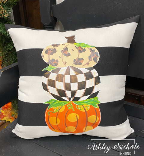 Custom Pillow - Pumpkin Stack ELEGANT FALL on Black & White Stripe Outdoor Fabric