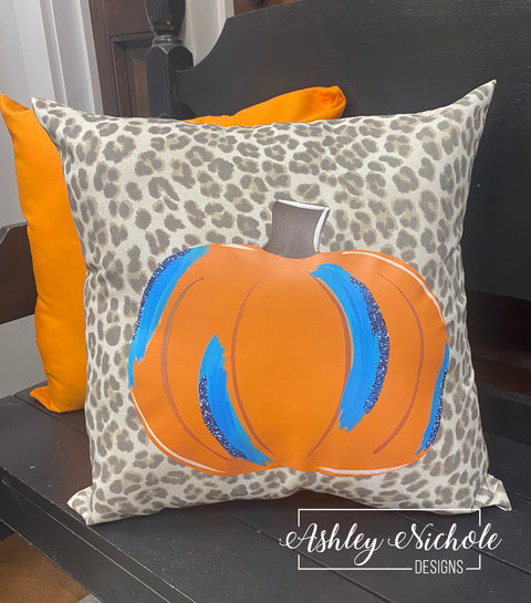 Custom Pillow - Turquoise Pumpkin on Leopard Neutral Outdoor Fabric