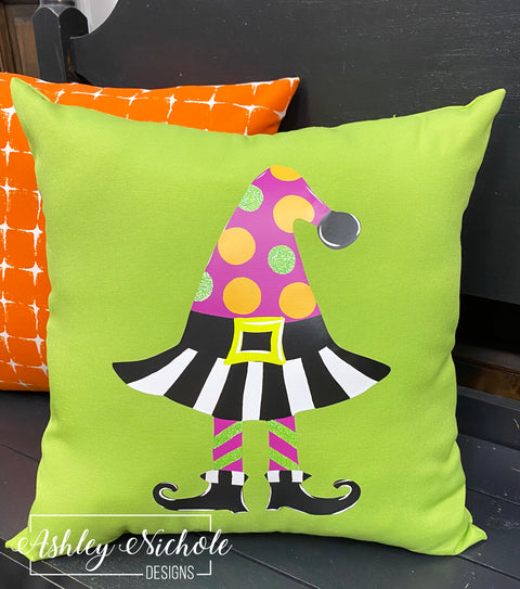 Custom Pillow - Funky Halloween Witch Hat on Apple Green Outdoor Fabric