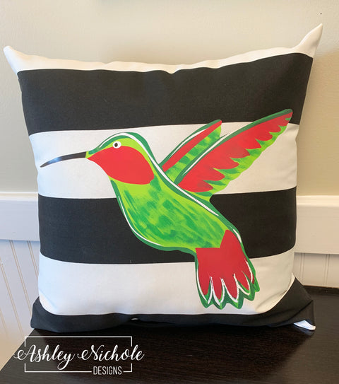 Custom Pillow - Hummingbird on Black & White Stripe Outdoor Fabric