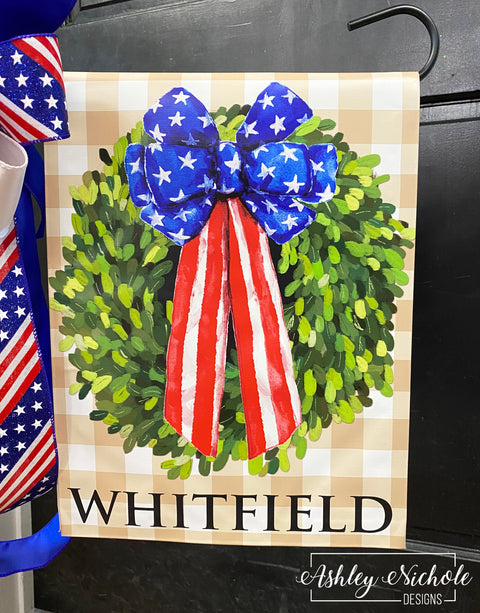 Patriotic FLAG BOW Boxwood Wreath - Vinyl Garden Flag