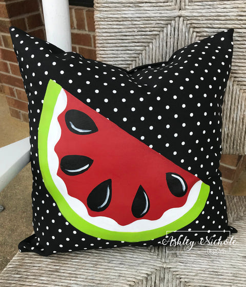 Custom Pillow - Watermelon - Red - On Black & White Mini Dot Outdoor Fabric