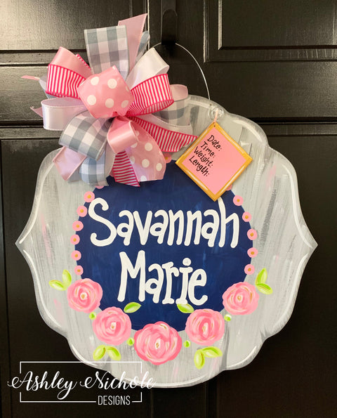 Pink Rose Baby Girl Door Hanger - Name Annoucement
