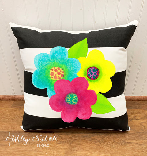 Custom Pillow - Blossoms Flower on Black & White Stripe Outdoor Fabric