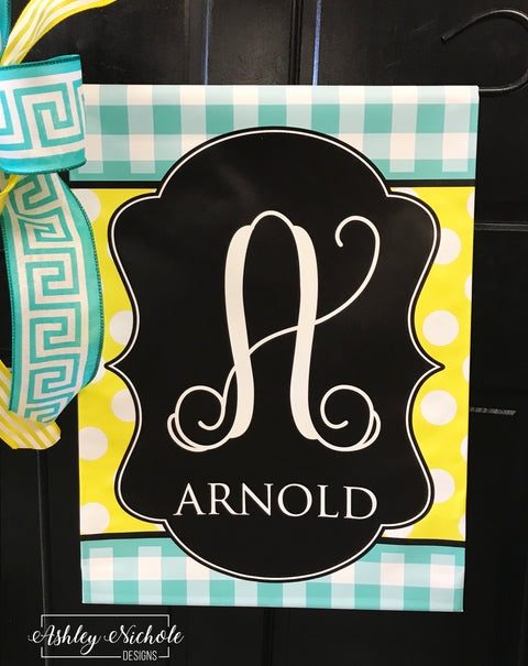 Buffalo Check and Polka Dot (BLUE & YELLOW) Initial - Vinyl Garden Flag