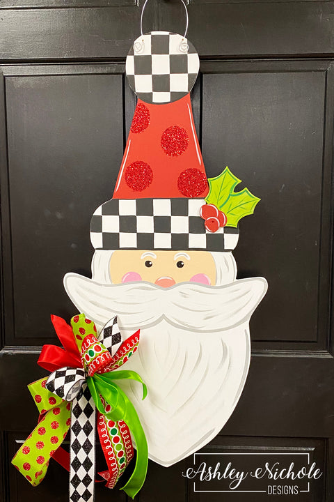 Santa-Checkered with Red Glitter-Door Hanger - (Hand Painted)