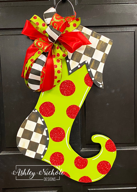 Christmas Stocking - Glittered & Whimsical - Door Hanger - (Hand Painted)