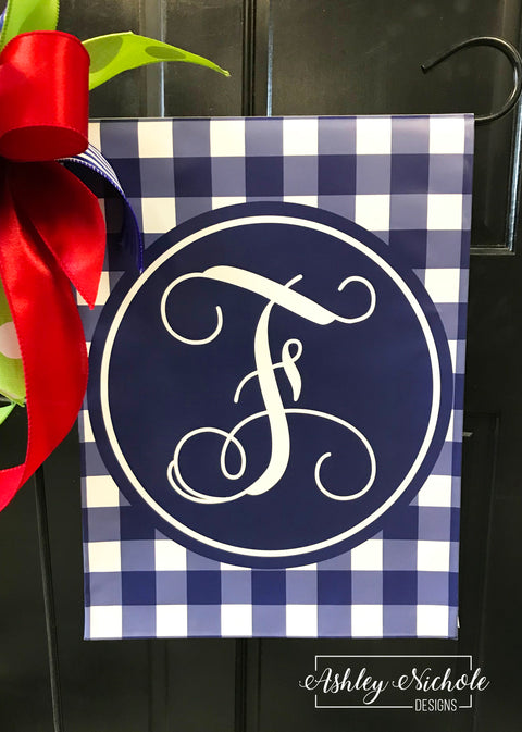Buffalo Check Initial - NAVY - Vinyl Garden Flag