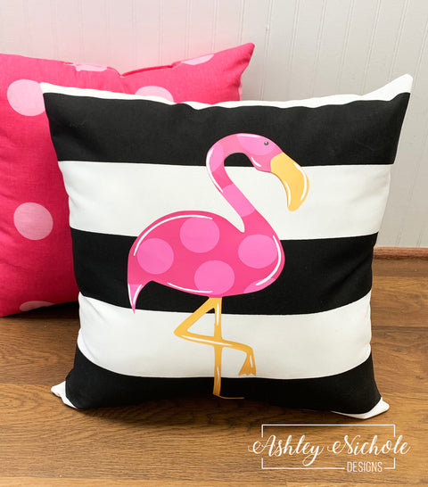 Custom Pillow - Flamingo on Black & White Stripe Outdoor Fabric