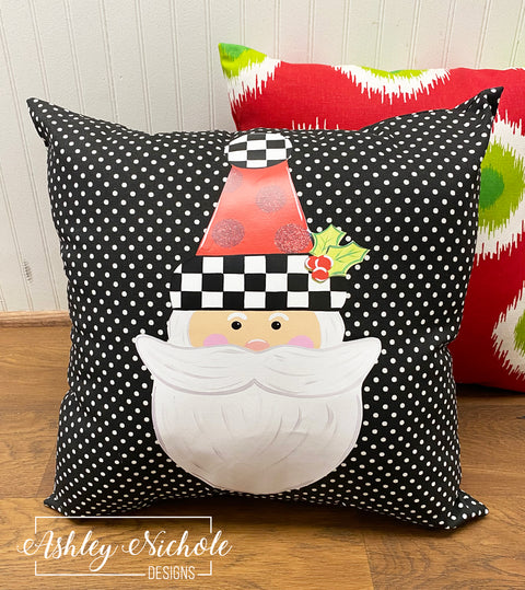 Custom Pillow - Santa Claus - Checkered with Red Glitter Dots Hat on Black & White Mini Dot Outdoor Fabric