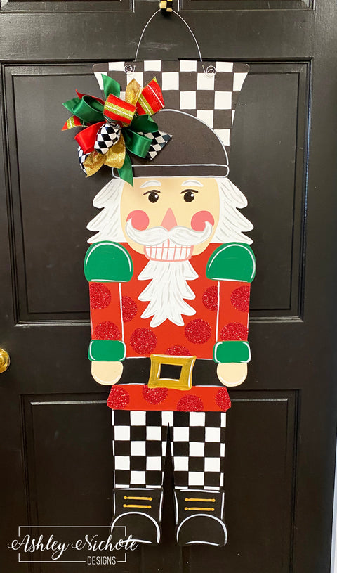 Nutcracker - Checkered with Red Glitter - Door Hanger - OVERSIZED - (Hand Painted)