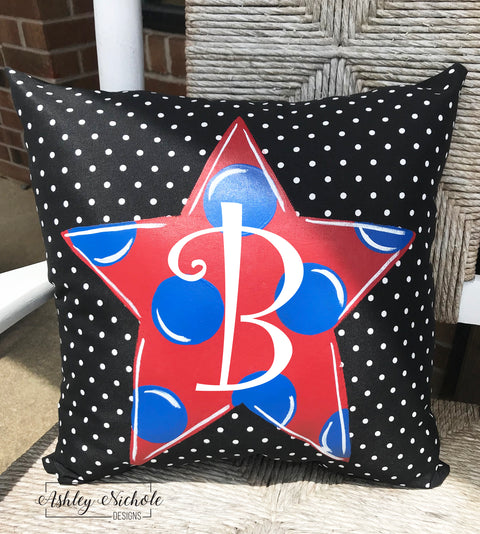 Custom Pillow - Polka Dot Star - Initial - on Black & White Mini Dot Outdoor Fabric