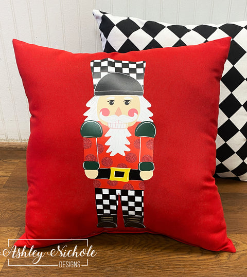 Custom Pillow - Nutcracker - Checkered on Red Outdoor Fabric