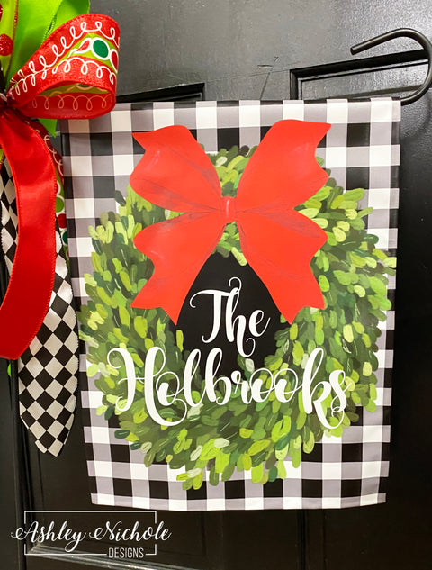 Buffalo Check with CHRISTMAS Boxwood Wreath - Vinyl Garden Flag