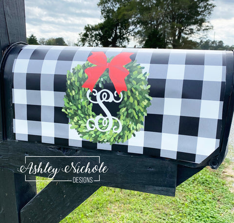 Buffalo Check with CHRISTMAS Boxwood Wreath - Magnetic Vinyl Mailbox Cover