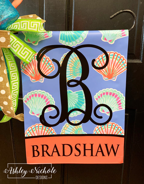 Seashell Colorful - Initial/Last Name - Vinyl Garden Flag