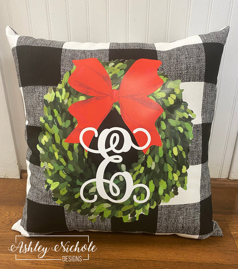 Custom Pillow - Christmas Boxwood Wreath on Black & White Buffalo Check