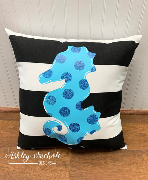 Custom Pillow - Blue Polka Dot Sea Horse on Black & White Stripe Outdoor Fabric