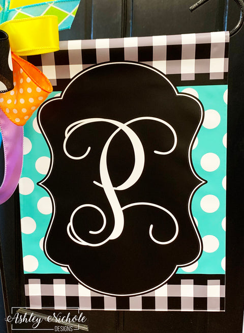 Buffalo Check and Polka Dot (TURQUOISE) Initial and/or Last Name - Vinyl Garden Flag