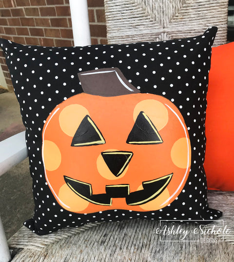 Custom Pillow - Jack-O-Lantern on Black & White Mini Dot Outdoor Fabric