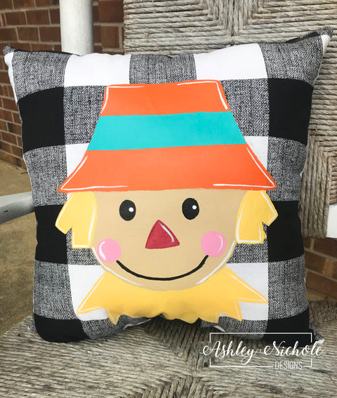 Custom Pillow - Scarecrow on Black & White Buffalo Check Outdoor Fabric