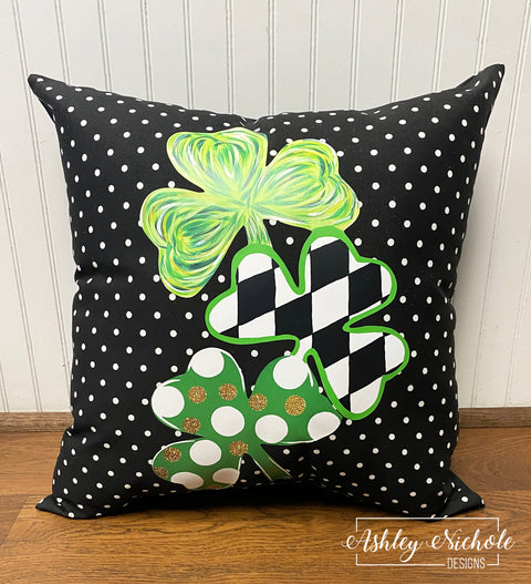 Custom Pillow - St Patrick's Stacked Shamrocks on Black & White Mini Dot Outdoor Fabric