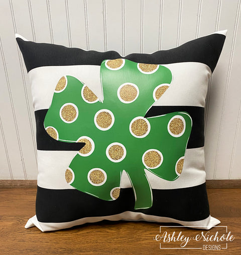 Custom Pillow - Lucky Clover on Black & White Stripe Outdoor Fabric