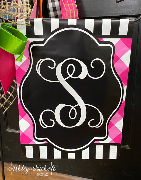 Buffalo Check (PINK) and Black and White Stripe Initial - Vinyl Garden Flag