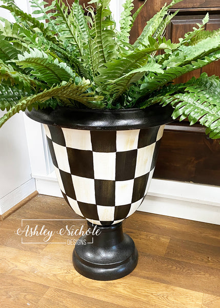 black white plant pot Black & White Checkered Garden Urn Planter