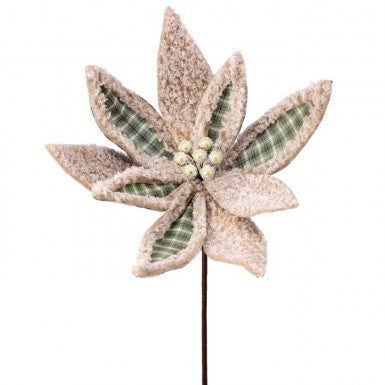 24" Frosted Mohair & Plaid Poinsettia Pick