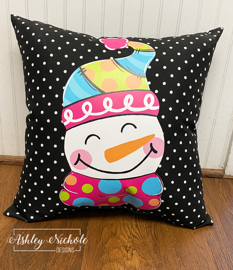 Custom Pillow - Patchwork Snowman on Black & White Mini Dot Outdoor Fabric