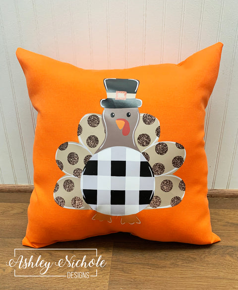 Custom Pillow - Pilgrim Turkey with Glitter Dots on Fresco Tango Outdoor Fabric