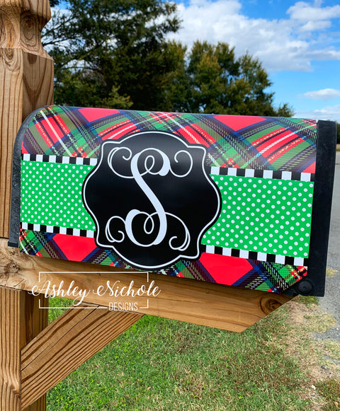 Plaid Red & Green Initial - Magnetic Vinyl Mailbox Cover