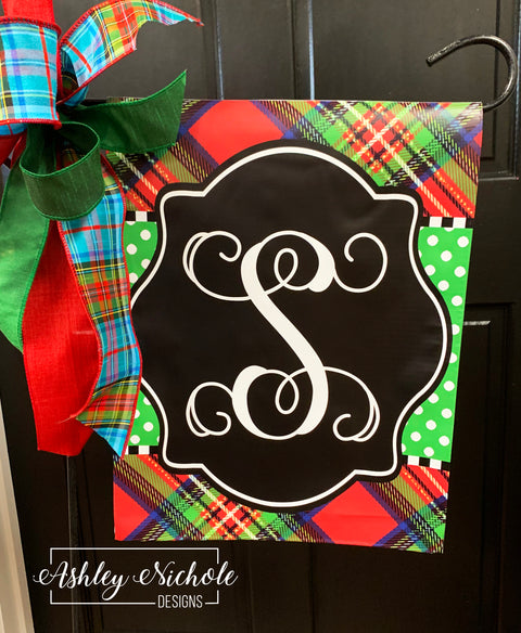 Plaid Red & Green - Initial - Vinyl Garden Flag