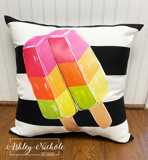 Custom Pillow - Popsicle - Sherbet on Black & White Stripe Outdoor Fabric