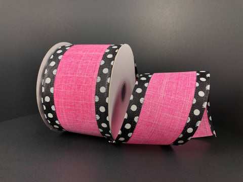 Pink w/ Black & White Polka Dot Wired Ribbon 2.5" x 10yds