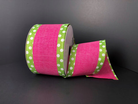 Fuchsia Linen w/ Green & White Polka Dot Edge Wired Ribbon - 2.5" x 10yds