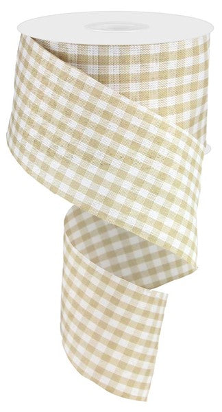 Tan & White Gingham Check Wired Ribbon - 2.5" x 10yds