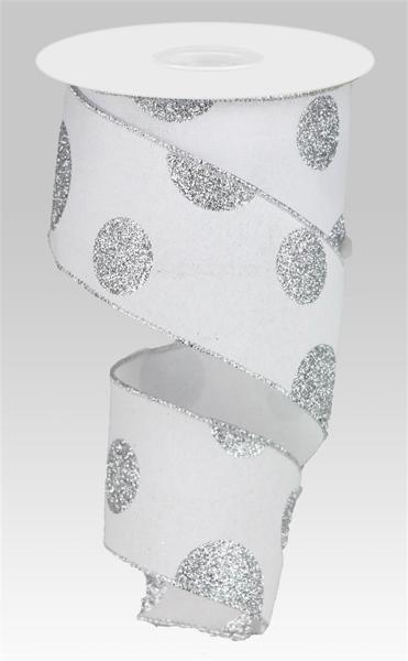 Silver Glitter Dots On White Wired Ribbon - 2.5" x 10yds