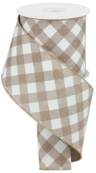 Light Beige & Ivory Diagonal Check WiredRibbon - 4" x 10yds